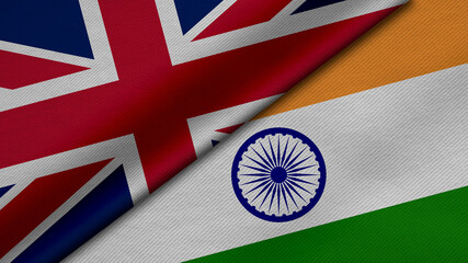 3D Rendering of two flags from United Kingdom or Britain and India together with fabric texture, bilateral relations, peace and conflict between countries, great for background