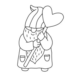 Gnome with heart shaped lollipop. Funny character. Doodle hand drawn vector illustration isolated on white. Great for coloring books, Valentine's day cards.