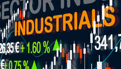 Stock Market Industrials Index. Trading screen with a sector index for Industrials, quotes, charts and changes. Stock exchange concept, 3D illustration.