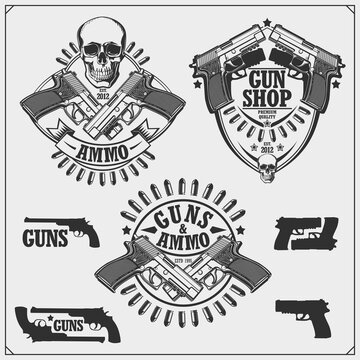 Collection of Gun emblems, labels and design elements. Revolvers, ammo and bullets.