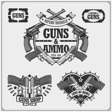 Collection of Gun emblems, labels and design elements. Revolvers, ammo and bullets.