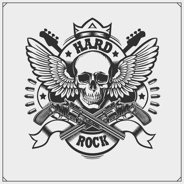 Rock'n'Roll and Hard Rock music emblem. Print design for t-shirt.