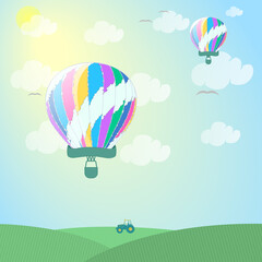 Fototapeta premium Vector illustration of balloons flying over the field.