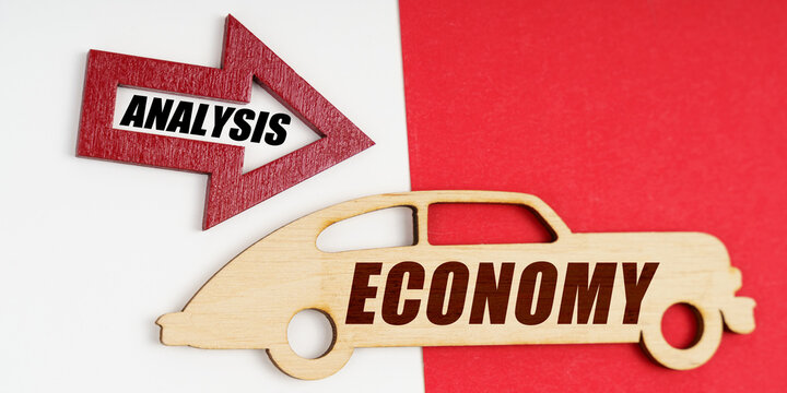 On a white and red background, a car and an arrow with the inscription - ANALYSIS
