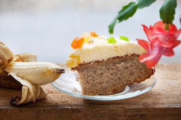baking at home, piece of banana cake close up