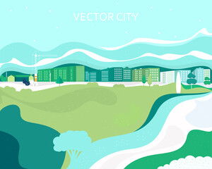 Vector poster with nature and city views. Modern city with a construction crane.	