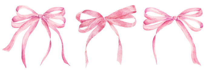 Set of watercolor pink bows isolated on white background.
