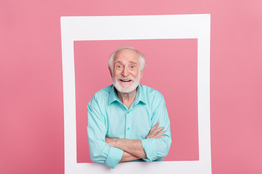 Photo of middle aged man cross arms photograph border remember snap shot scrapbook isolated pastel color background