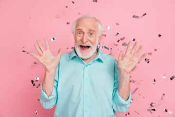 Photo of impressed crazy middle aged man raise hands wow omg news scream isolated over pastel color...