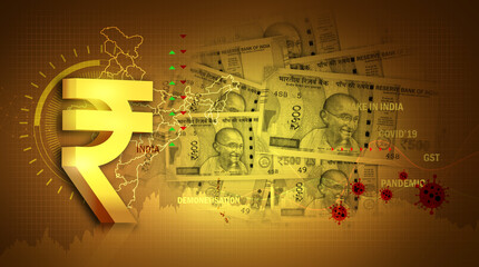 yellow rupee background  illustration with rupee icon and map, Indian currency
