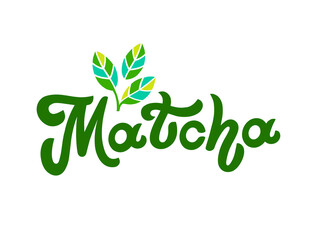 Matcha lettering design. Decoration with green leaves for tea product. Hand-drawn vector calligraphy. Asian japanese beverage. Green tea drink. Logo.