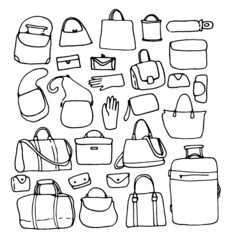 a set of bags and suitcases, wallets. hand-drawn collection of women's bags and bags in doodle style, isolated black outline on white for a design template