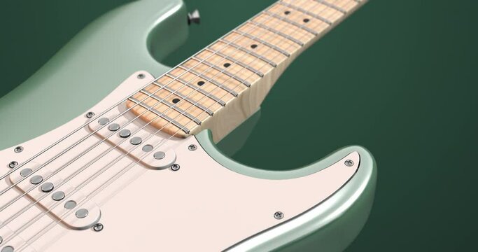 Surf Green Beautiful Electric Guitar Flying. Macro Shot With Depth Of Field. Art And Entertainment Related 4K 3D Motion Graphics.