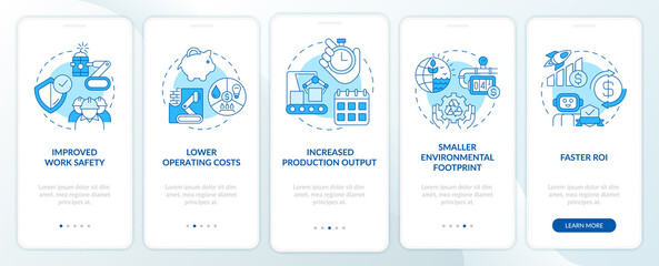 Benefits of automation blue onboarding mobile app screen. Production walkthrough 5 steps graphic instructions pages with linear concepts. UI, UX, GUI template. Myriad Pro-Bold, Regular fonts used
