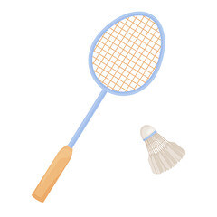 Badminton racket and shuttlecock. Sports equipment for badminton. A racket for sports, physical activity and training. Vector illustration isolated on a white background