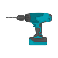 Hand drill screwdriver isolated on white background. A cordless drill for the concept of a jack of all trades. A household tool in cartoon design. An electrical device for a repairman. Vector