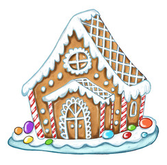 Cute Gingerbread house. Christmas bakery object isolated on white background.