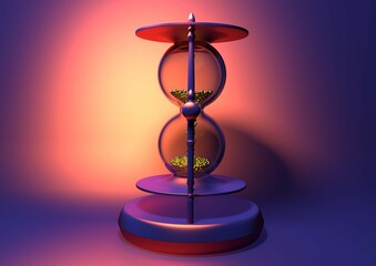 3D model of an hourglass from different angles on a blue background, consecrated with a yellow lamp.