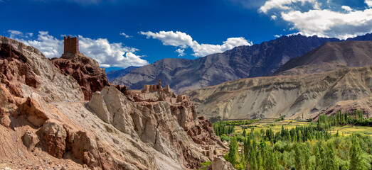 Ruins and Basgo Monastery surrounded with stones and rocks , Leh, Ladakh, Jammu and Kashmir, India panoramic image