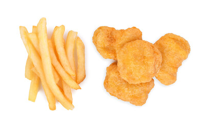 French fries and Chicken nuggets isolated on white background. Top view