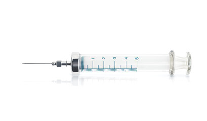 glass syringe with a needle isolated on white background with shadow and reflection