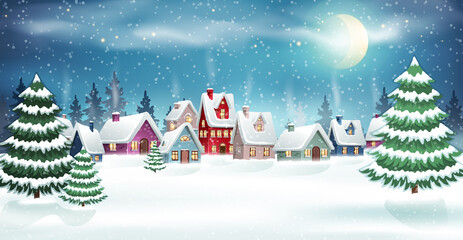 Winter village landscape with snow covered houses in pine forest. Christmas holidays vector illustration