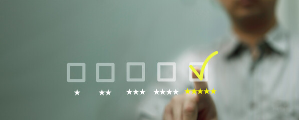 man press on five star excellent review for quality satification service or best positive business...