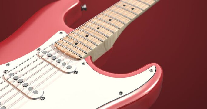 Fiesta Red Shiny Electric Guitar Moving Slowly. Macro Shot With Depth Of Field. Art And Entertainment Related 4K 3D Motion Graphics.