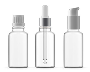 Set of 30ml Clear Glass Bottles. Plastic Cap, Dropper Bottle and Pump. Isolated