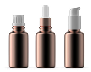 Set of 30ml Rose Gold Glass Bottles. Plastic Cap, Dropper Bottle and Pump. Isolated