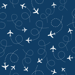 Airplane flying with line path seamless pattern. Plane travel concept on blue background. Vector illustration.
