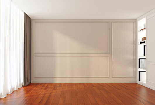 Modern luxury empty room with shelf and cabinet, wall cornice and wood floor. 3d rendering