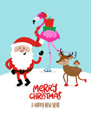 Fototapeta na wymiar Merry Christmas and Happy New Year - skating Santa with a Deer. Hand drawn lettering for Xmas greetings cards, invitations. Good for t-shirt, mug, scrap booking, gift, printing press. Holiday quotes.