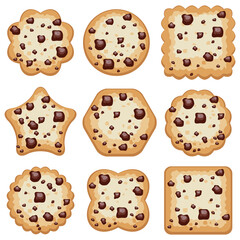 vector set of chocolate chip cookies of different shapes