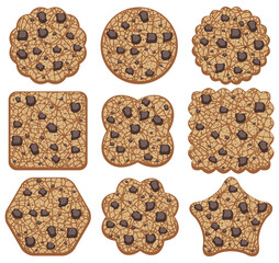 vector set of chocolate chip cookies of different shapes