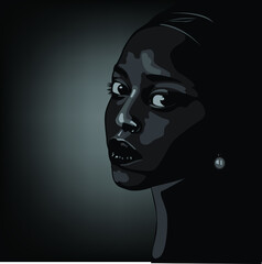 Fashion Portrait of a beauty girl with creative lighting and Beautiful Makeup. gray Background. Black Girl in dark background.