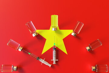 Flag of Vietnam and syrines with vaccine vials. Vaccination time concept 3D rendering