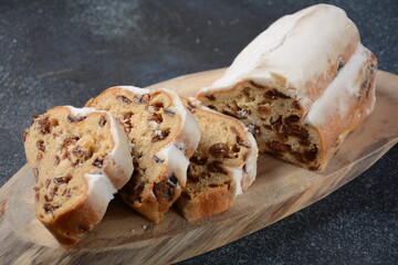 Dresdner Stollen is a Traditional German Cake with raisins. Gift for Christmas. Vintage style....