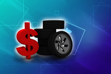 3d rendering Wheels Tires near dollar