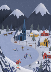 Christmas illustration. Winter landscape. Mountains