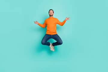 Fototapeta na wymiar Full body portrait of handsome calm guy hands fingers meditate closed eyes isolated on teal color background