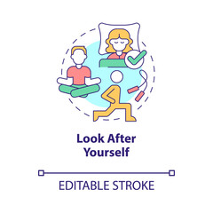 Look after yourself concept icon. Healthy and balanced lifestyle abstract idea thin line illustration. Isolated outline drawing. Editable stroke. Roboto-Medium, Myriad Pro-Bold fonts used