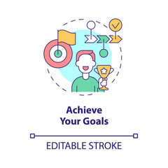 Achieve your goals concept icon. Success and development lifestyle abstract idea thin line illustration. Isolated outline drawing. Editable stroke. Roboto-Medium, Myriad Pro-Bold fonts used