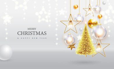 Fototapeta na wymiar Merry Christmas and happy New Year poster with christmas holiday decorations. Christmas holiday background. Vector illustration