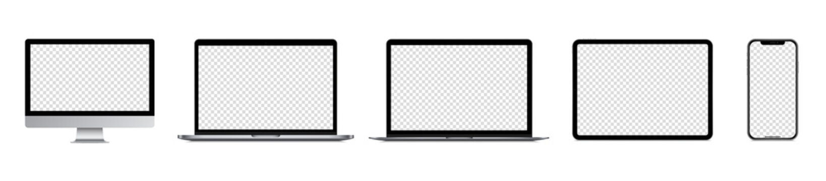 Realistic silver devices mockup vector set : Isolated smartphone, phone, laptop computer, tablet,  monitor, on white background. Editable empty screen device. Vector  illustration.