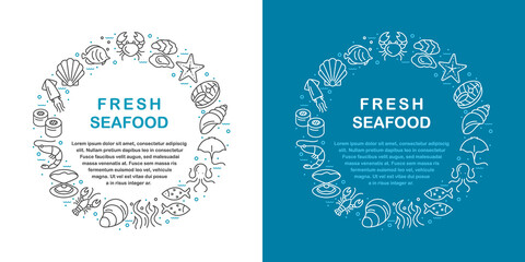 Seafood line icons. Vector illustration of fish and seafood elements with oyster, seaweed, crab, lobster, squid, octopus, jellyfish, starfish, shrimp. Outline icon collection for web, restaurant menu