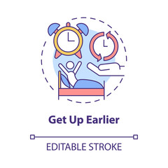 Get up earlier concept icon. Wakeup early morning. Healthy lifestyle abstract idea thin line illustration. Isolated outline drawing. Editable stroke. Roboto-Medium, Myriad Pro-Bold fonts used