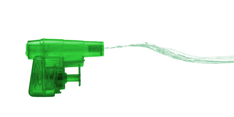 Green toy water pistol squirting a stream of colored water