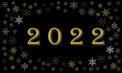 Fototapeta na wymiar 2022 with yellow color and snowflakes on black background