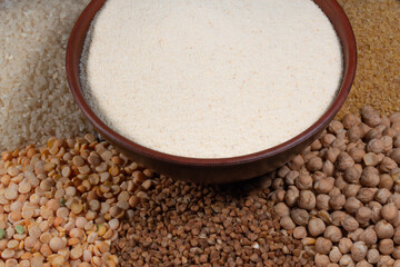 Raw healthy cereals, various cereals in a circle